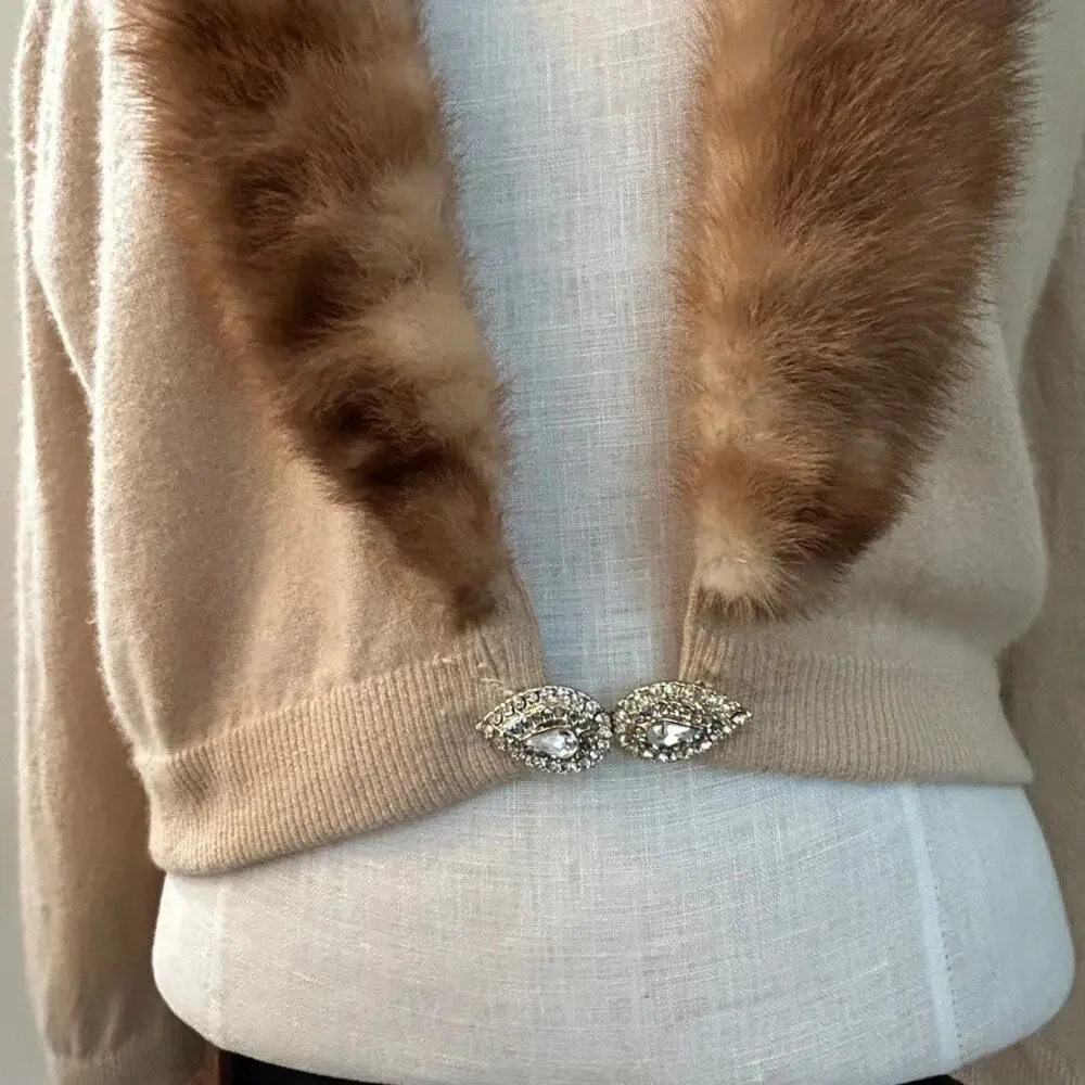 1950s Cashmere Cardigan Detachable Mink Fur Collar Rhinestone Clasp Glam SM - Picture 7 of 13